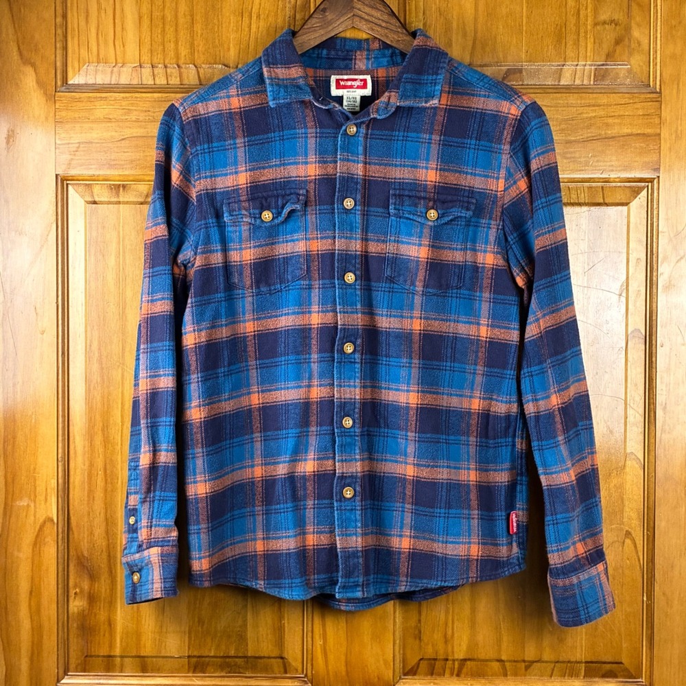 Wrangler Boys XL 14/16 Blue Orange Plaid Flannel Button Down Shirt 100% Cotton